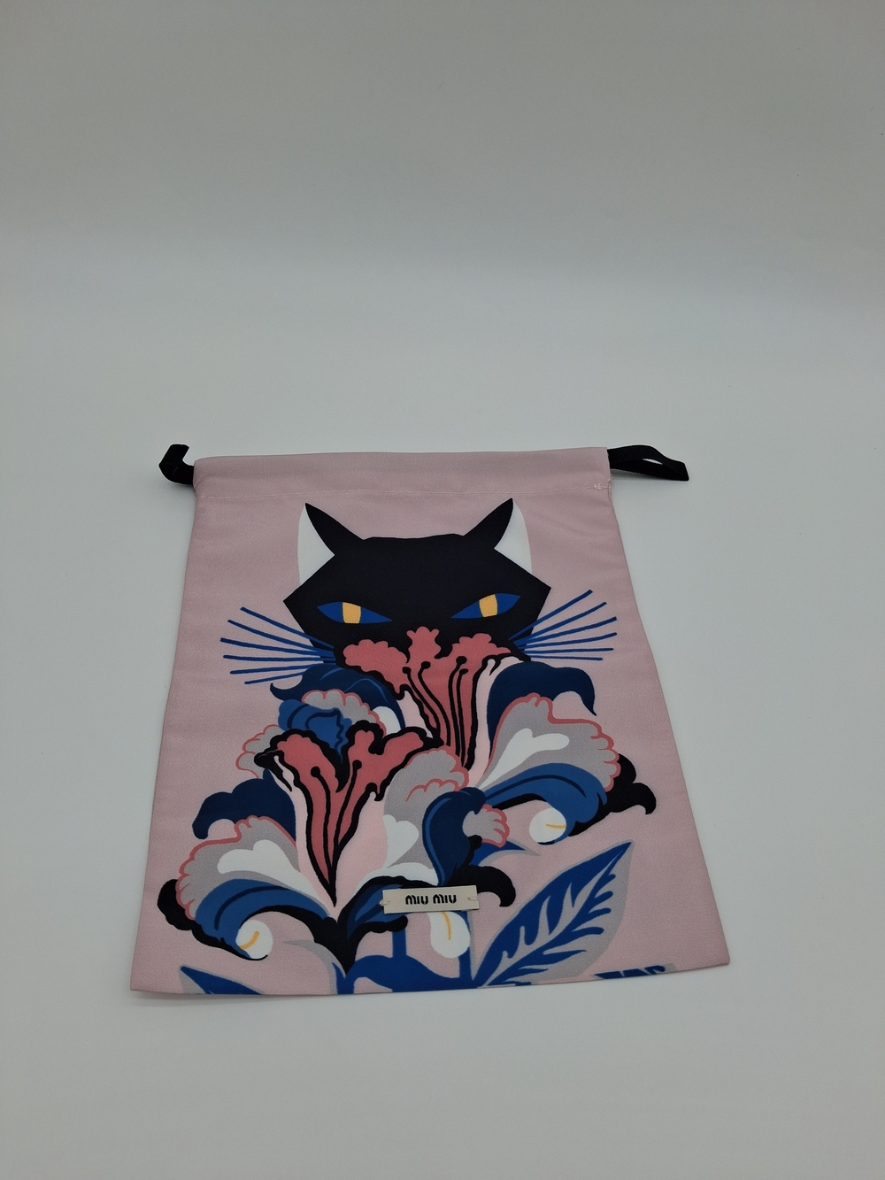 MIU MIU Pink Black Cat Floral Drawstring Dust Bag Pouch Luxury Packaging